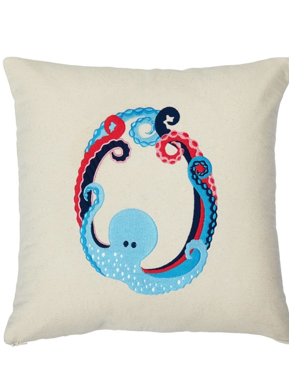 Embroidered Octopus Accent Pillow - Blue & Coral on Cream